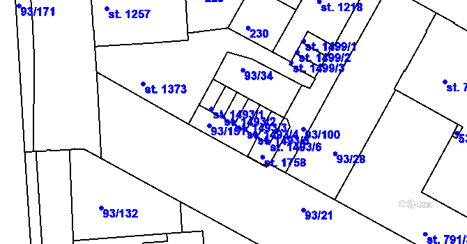 Parcela st. 1493/3 v KÚ Olomouc-město, Katastrální mapa