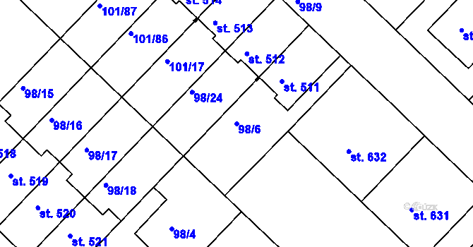Parcela st. 98/6 v KÚ Lazce, Katastrální mapa