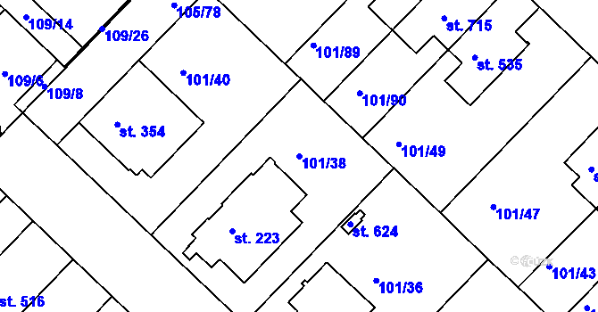 Parcela st. 101/38 v KÚ Lazce, Katastrální mapa