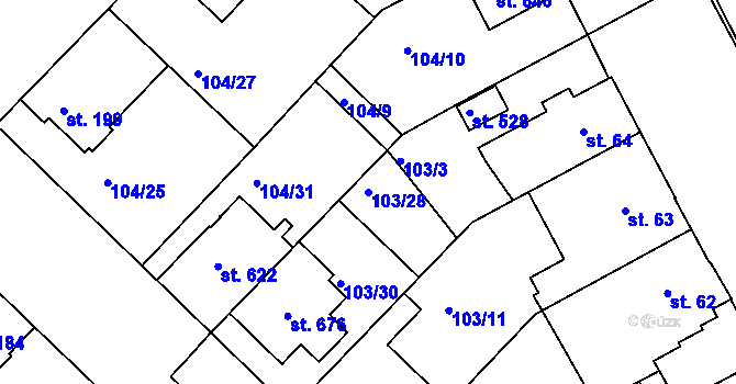 Parcela st. 103/28 v KÚ Lazce, Katastrální mapa