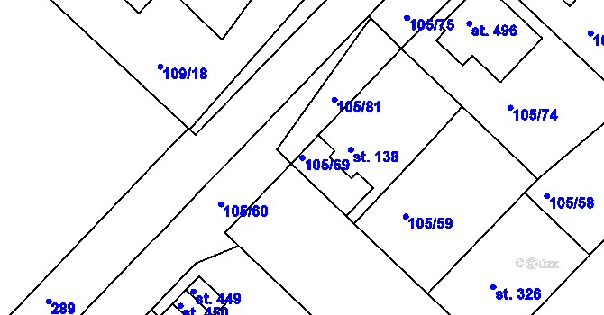 Parcela st. 105/69 v KÚ Lazce, Katastrální mapa