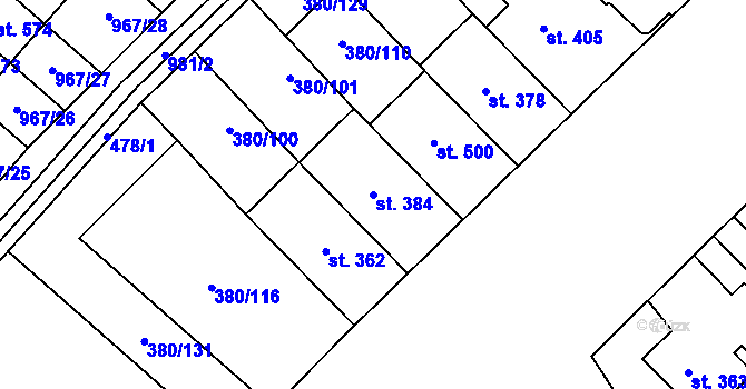 Parcela st. 384 v KÚ Hejčín, Katastrální mapa