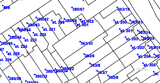 Parcela st. 363/10 v KÚ Hejčín, Katastrální mapa