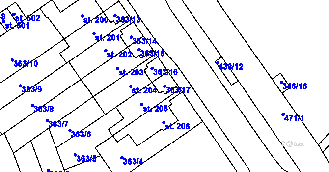 Parcela st. 363/17 v KÚ Hejčín, Katastrální mapa