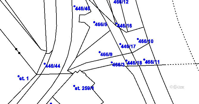 Parcela st. 466/9 v KÚ Hejčín, Katastrální mapa