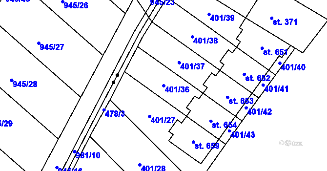 Parcela st. 401/36 v KÚ Hejčín, Katastrální mapa