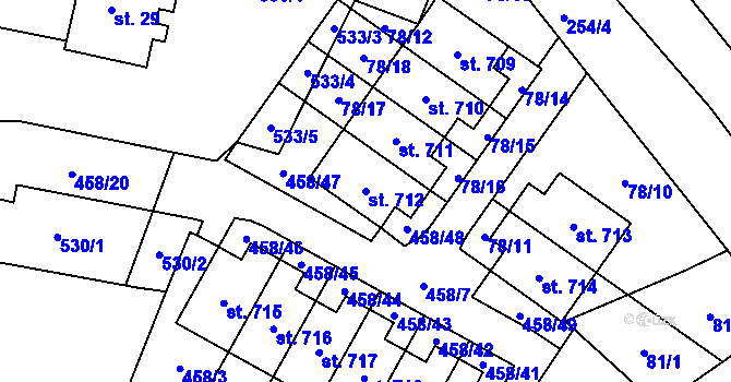 Parcela st. 712 v KÚ Hejčín, Katastrální mapa