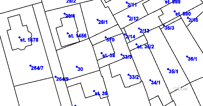 Parcela st. 38 v KÚ Neředín, Katastrální mapa