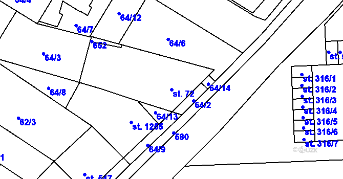 Parcela st. 72 v KÚ Neředín, Katastrální mapa