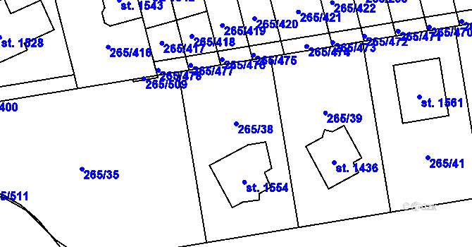 Parcela st. 265/38 v KÚ Neředín, Katastrální mapa