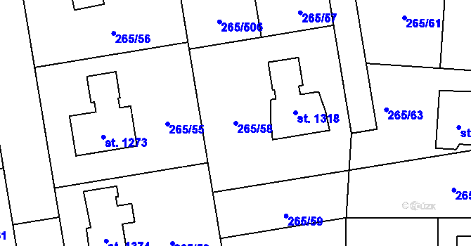 Parcela st. 265/58 v KÚ Neředín, Katastrální mapa