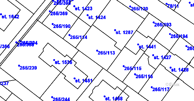 Parcela st. 265/113 v KÚ Neředín, Katastrální mapa