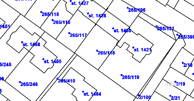 Parcela st. 265/118 v KÚ Neředín, Katastrální mapa