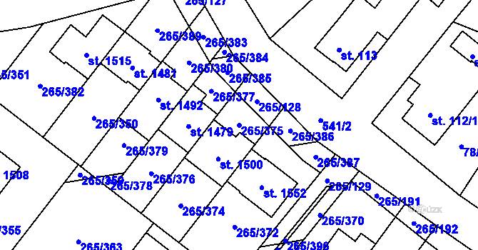 Parcela st. 265/375 v KÚ Neředín, Katastrální mapa