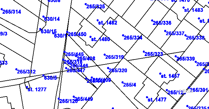 Parcela st. 265/319 v KÚ Neředín, Katastrální mapa