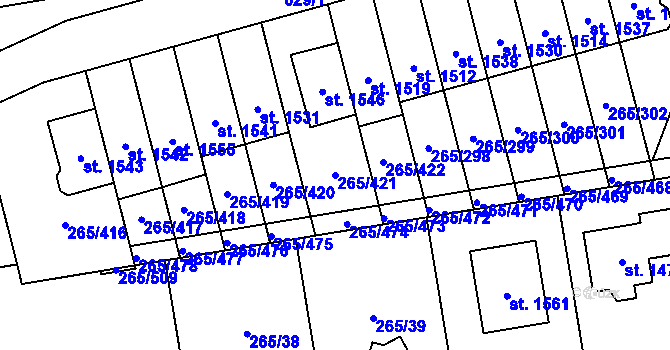 Parcela st. 265/421 v KÚ Neředín, Katastrální mapa