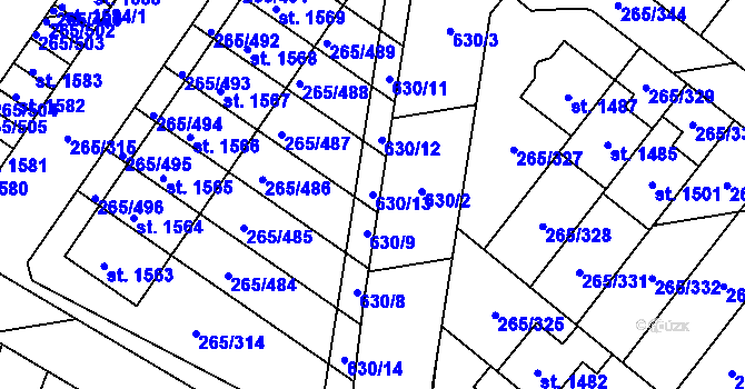 Parcela st. 630/13 v KÚ Neředín, Katastrální mapa