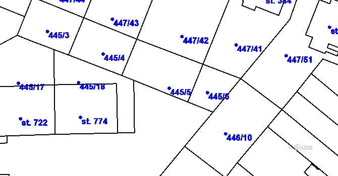 Parcela st. 445/5 v KÚ Nová Ulice, Katastrální mapa