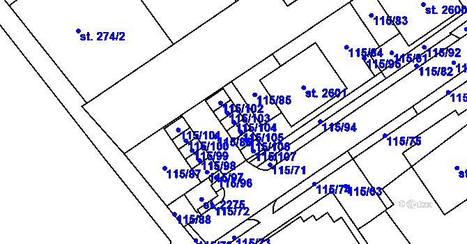 Parcela st. 115/104 v KÚ Nová Ulice, Katastrální mapa