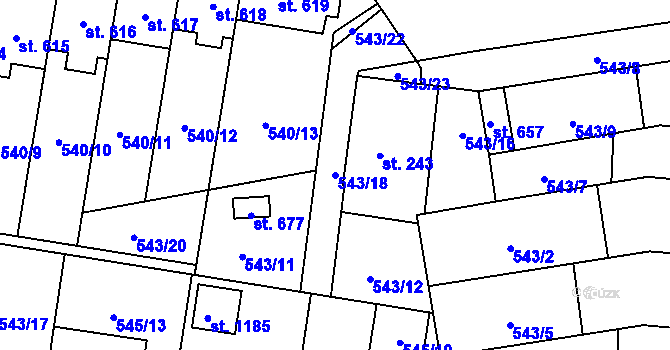 Parcela st. 543/18 v KÚ Nové Sady u Olomouce, Katastrální mapa