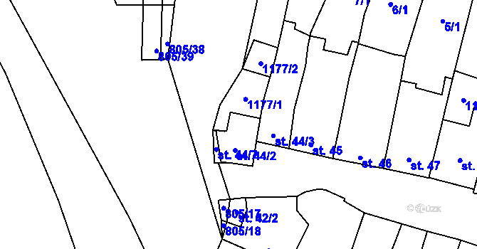 Parcela st. 44/1 v KÚ Hodolany, Katastrální mapa