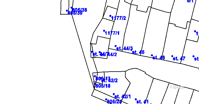 Parcela st. 44/2 v KÚ Hodolany, Katastrální mapa