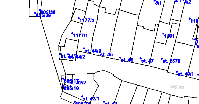 Parcela st. 45 v KÚ Hodolany, Katastrální mapa