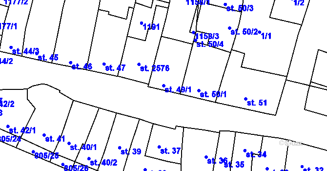Parcela st. 49/1 v KÚ Hodolany, Katastrální mapa