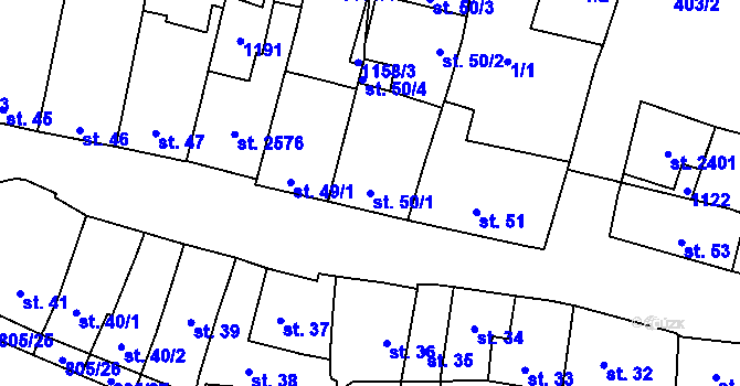 Parcela st. 50/1 v KÚ Hodolany, Katastrální mapa