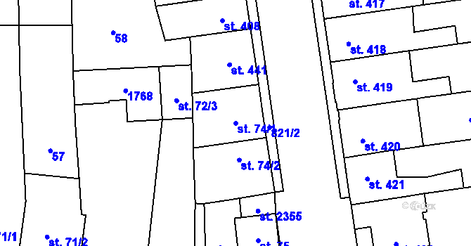 Parcela st. 74/1 v KÚ Hodolany, Katastrální mapa