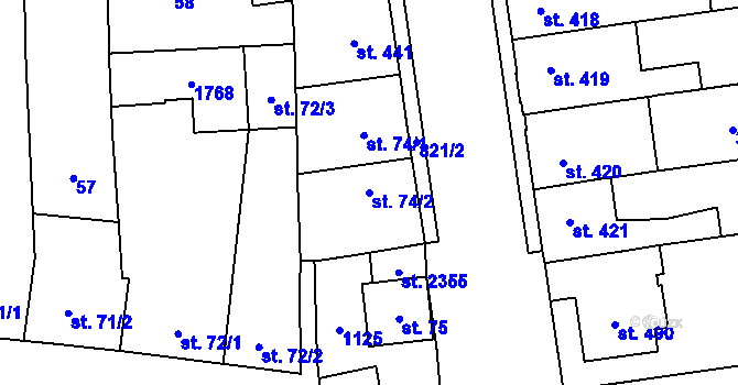 Parcela st. 74/2 v KÚ Hodolany, Katastrální mapa