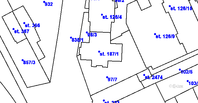 Parcela st. 187/1 v KÚ Hodolany, Katastrální mapa