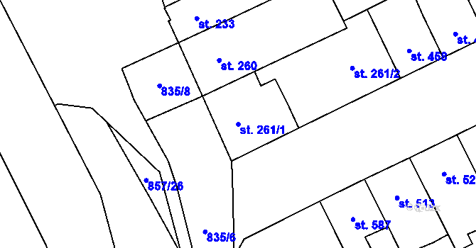 Parcela st. 261/1 v KÚ Hodolany, Katastrální mapa