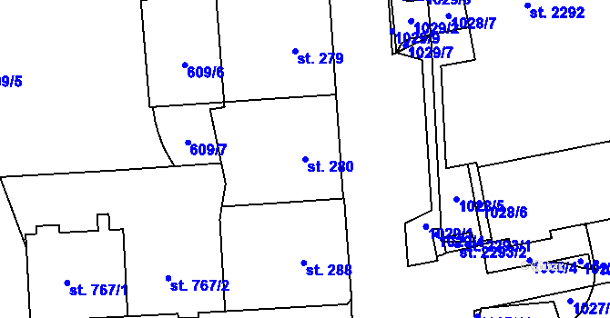 Parcela st. 280 v KÚ Hodolany, Katastrální mapa