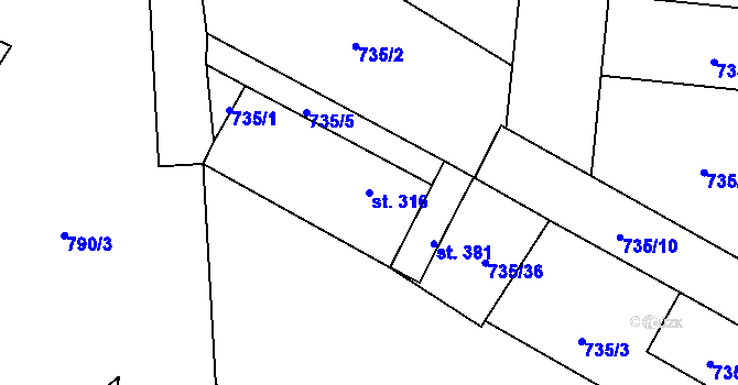 Parcela st. 316 v KÚ Hodolany, Katastrální mapa