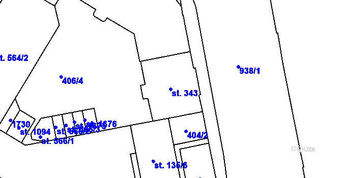 Parcela st. 343 v KÚ Hodolany, Katastrální mapa