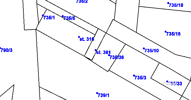 Parcela st. 381 v KÚ Hodolany, Katastrální mapa