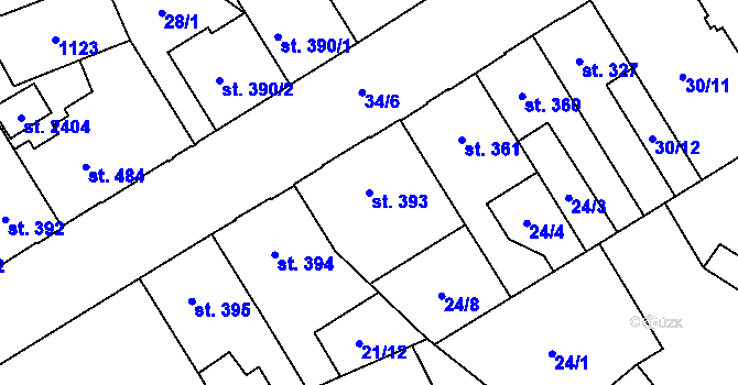 Parcela st. 393 v KÚ Hodolany, Katastrální mapa