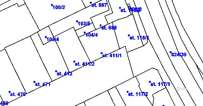 Parcela st. 411/1 v KÚ Hodolany, Katastrální mapa