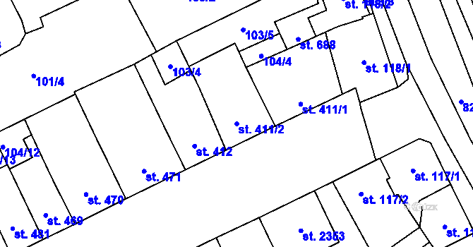 Parcela st. 411/2 v KÚ Hodolany, Katastrální mapa