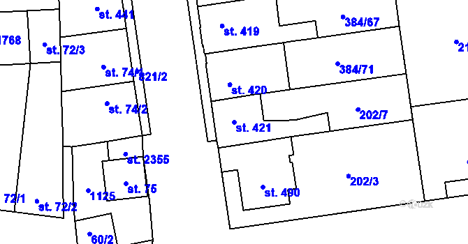 Parcela st. 421 v KÚ Hodolany, Katastrální mapa