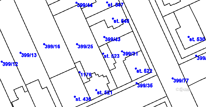 Parcela st. 523 v KÚ Hodolany, Katastrální mapa
