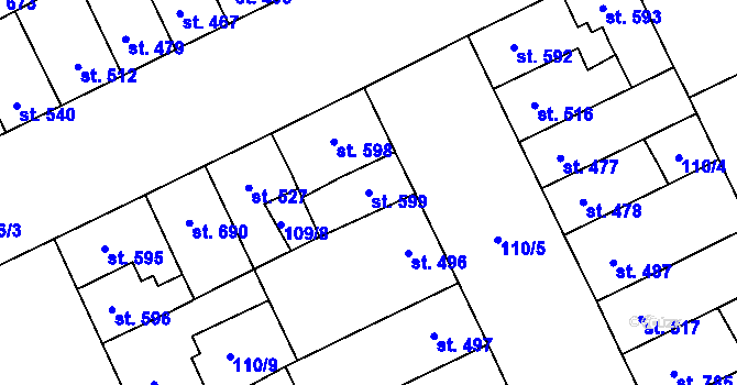 Parcela st. 599 v KÚ Hodolany, Katastrální mapa