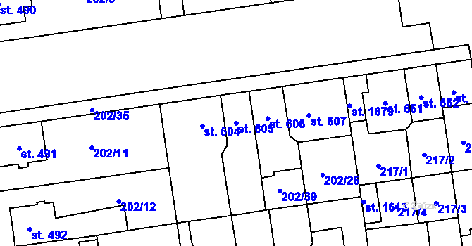 Parcela st. 605 v KÚ Hodolany, Katastrální mapa