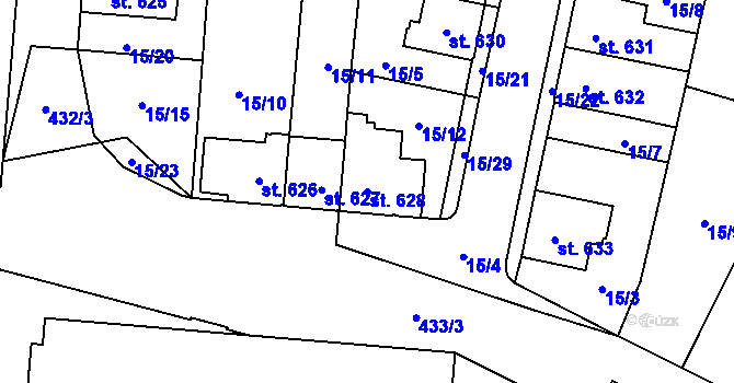 Parcela st. 628 v KÚ Hodolany, Katastrální mapa