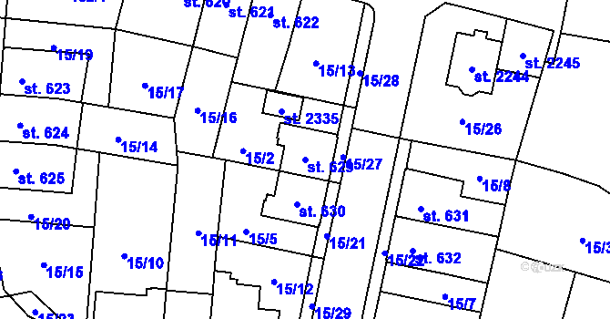 Parcela st. 629 v KÚ Hodolany, Katastrální mapa