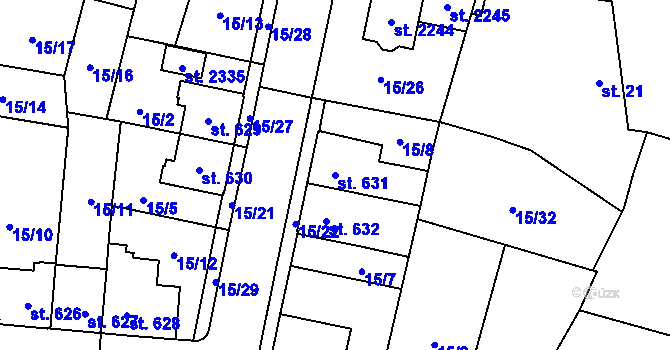 Parcela st. 631 v KÚ Hodolany, Katastrální mapa