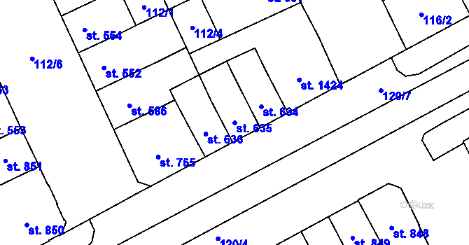 Parcela st. 635 v KÚ Hodolany, Katastrální mapa