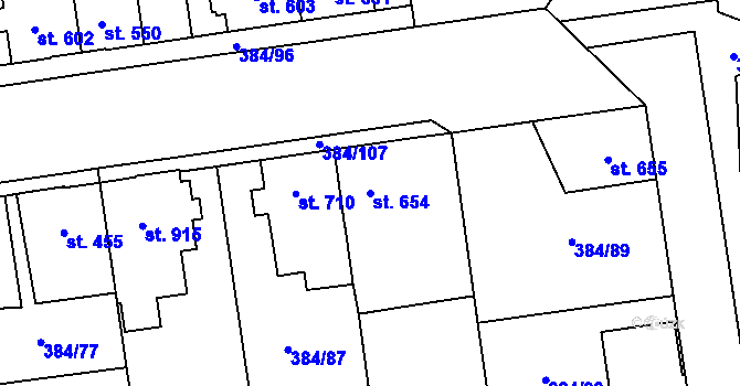 Parcela st. 654 v KÚ Hodolany, Katastrální mapa