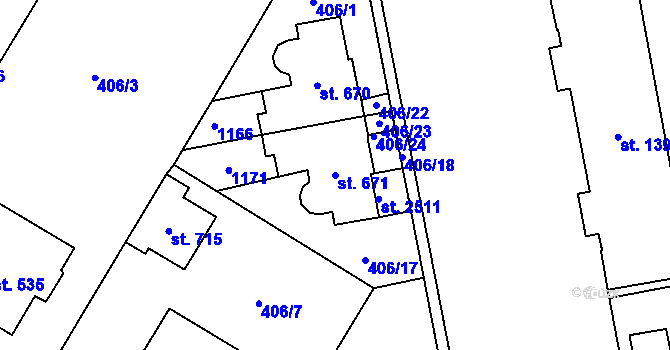 Parcela st. 671 v KÚ Hodolany, Katastrální mapa